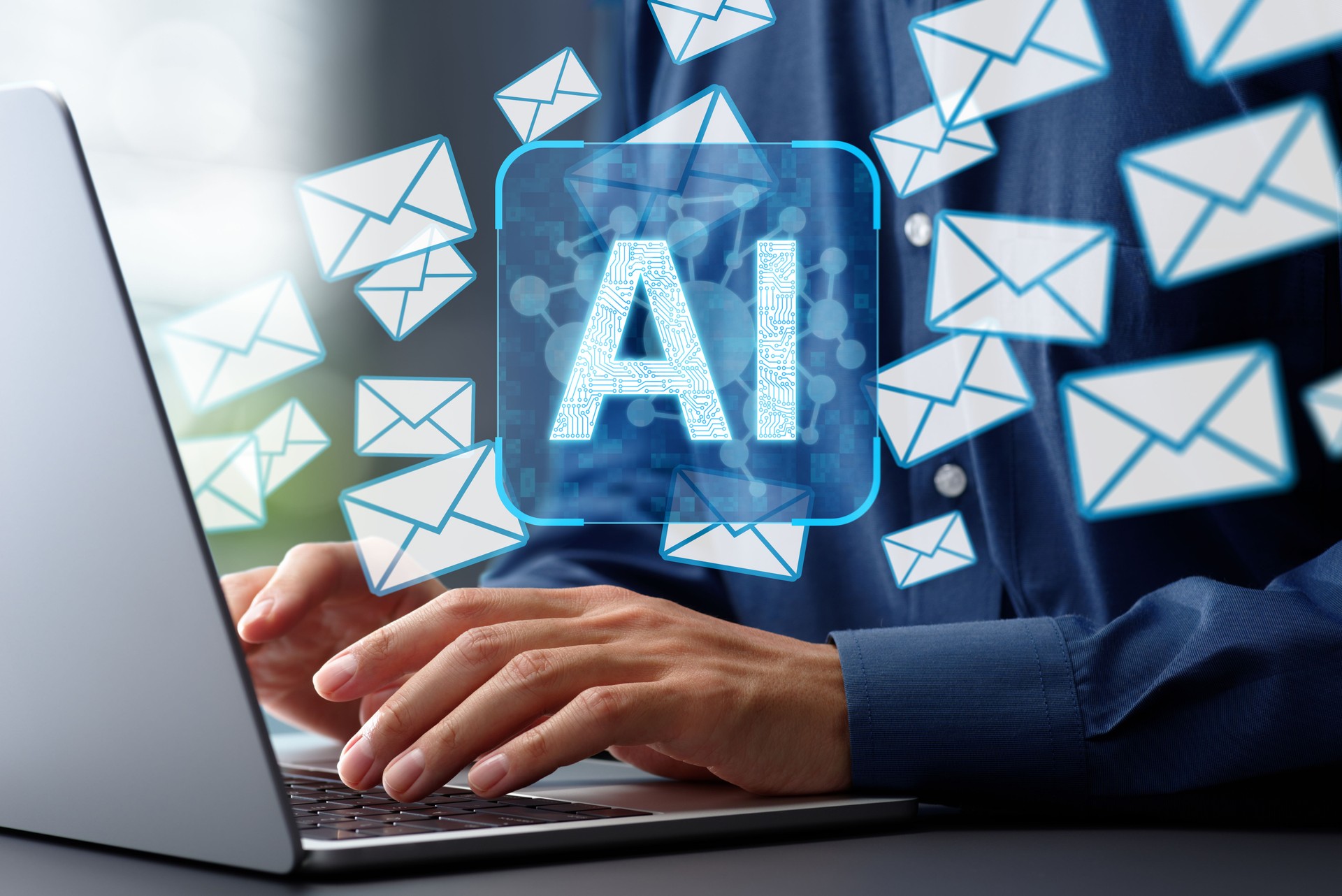 AI driven Email marketing automation. Artificial intelligence sending personalized optimized emails.Businessman using laptop computer to give instructions to AI at desk in office.